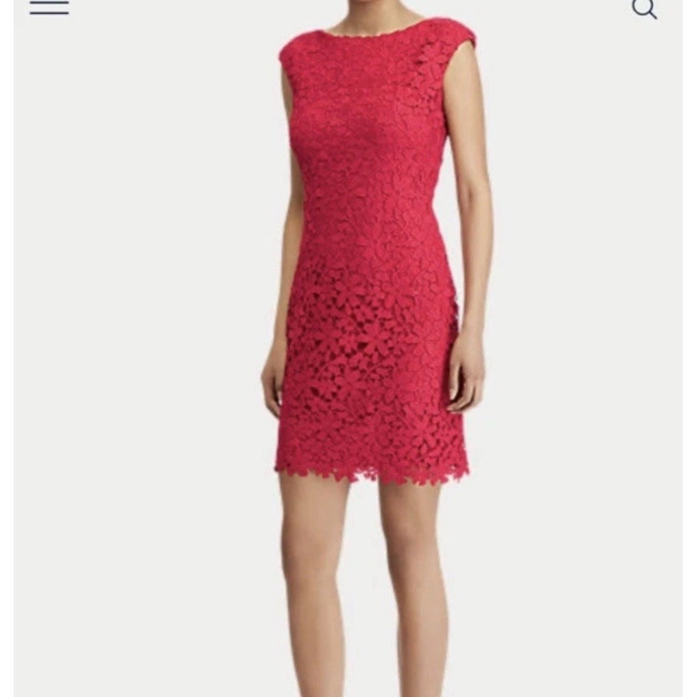 LAUREN RALPH LAUREN Womens Red Lace Zippered Sheath Dress Lace Overlay Size 0